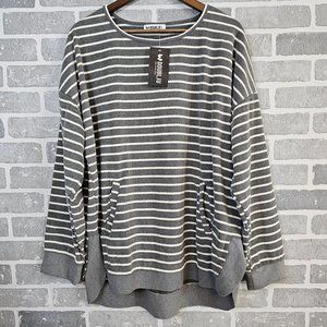 Doubleju Sweater Womens Large Gray White‎ Striped Pockets Soft Cozy Pullover